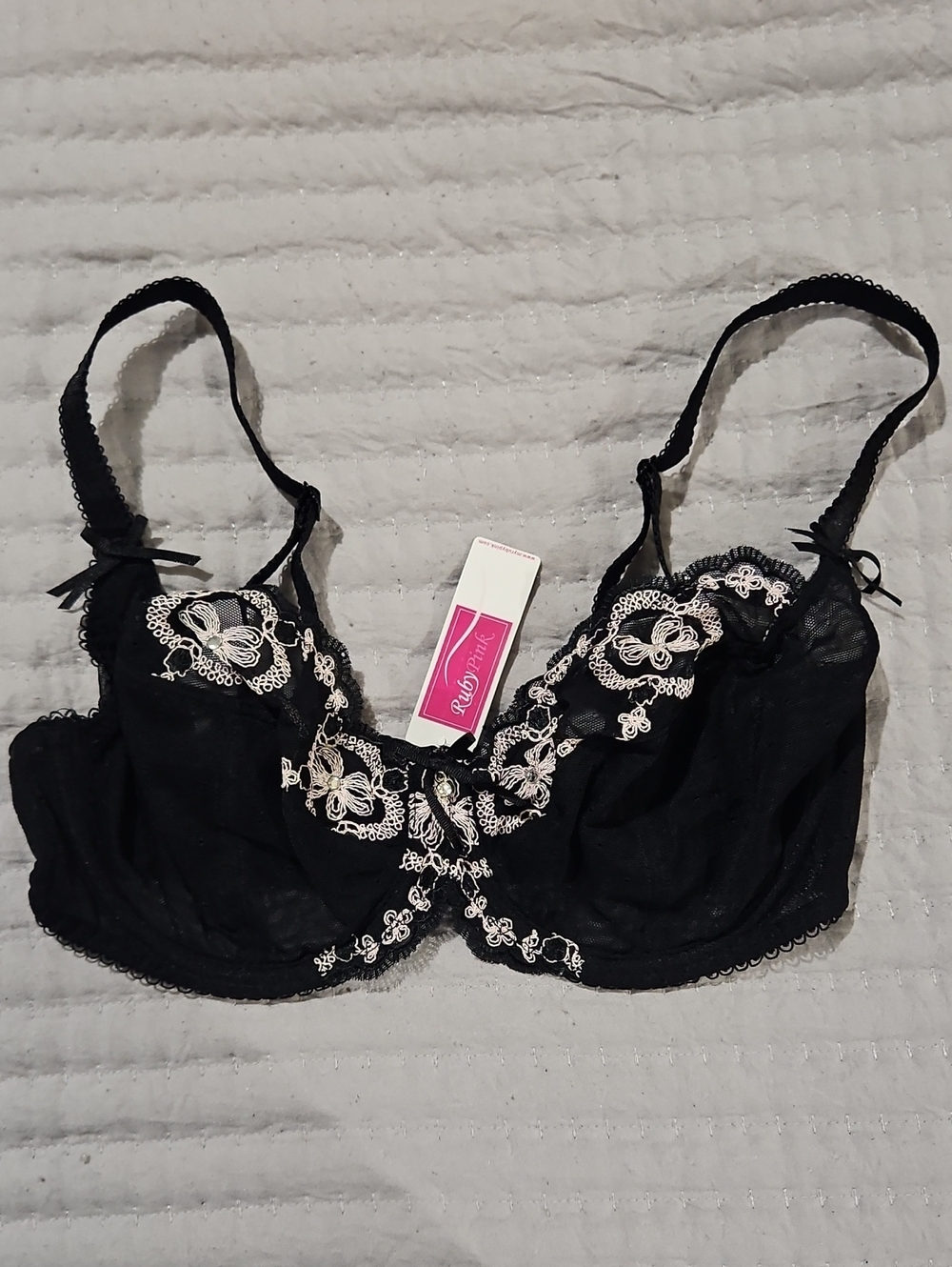 RubyPink Black Lace Underwire Bra with Ivory Embroidery